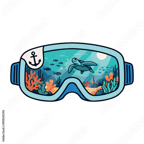 Ocean Underwater Diving Goggles Illustration, Snorkel Mask Sea Life Clipart Design, Coral Reef Fish Reflection Graphic Art, Adventure Scuba Diving Element Set, Marine Underwater World Sticker Bundle, 