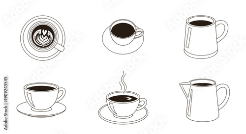 Hand-drawn coffee icons: cups, mugs, and pitchers in a minimalist sketch style