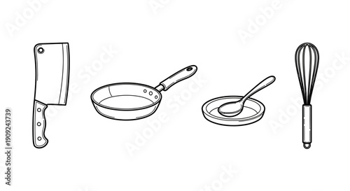 Hand-drawn kitchen utensils: cleaver, frying pan, spoon, and whisk on white background