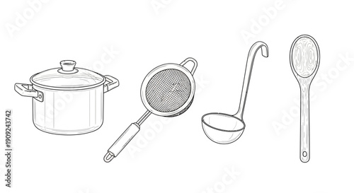 Hand-drawn kitchen utensils: pot, strainer, ladle, and spoon on white background