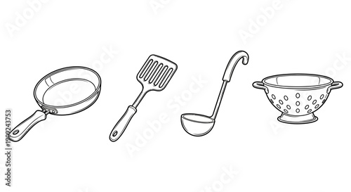 Hand-drawn kitchen utensils: frying pan, spatula, ladle, and colander on white background