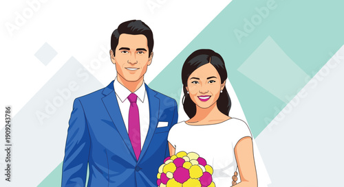 Smiling multiracial wedding couple standing against geometric background
