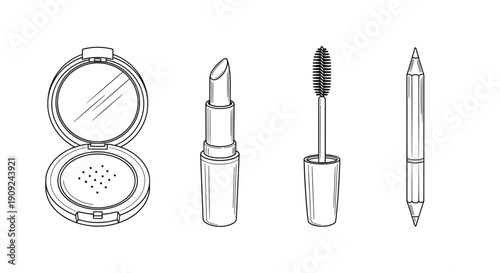 Hand-drawn sketch of makeup essentials: powder compact, lipstick, mascara, and eyeliner pencil.