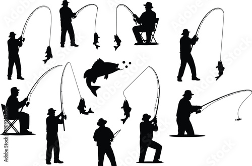 Fishing, Angler, Silhouette, Fisherman, Rod, Catch, Sport, Hobby, Lake, River, Outdoor, Activity, Vector, Set, Isolated, Fisher, Casting, Recreation, Collection, Nature