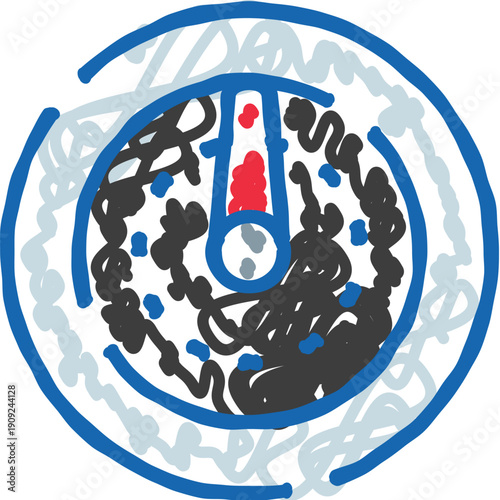 Hand drawn doodle illustration presenting a circular object with a blue outline, an internal red and blue indicator, and abstract black and blue shapes, suggesting a gauge or control