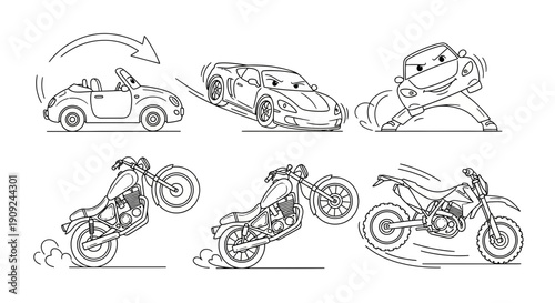 Funny Cartoon Cars and Motorcycles Doing Stunts and Tricks, Black and White Line Art