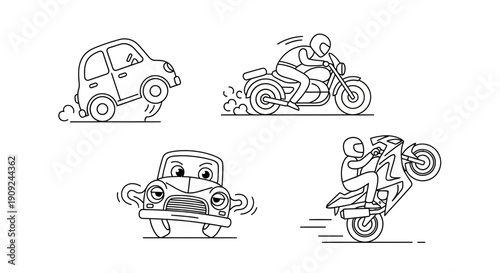 Funny Cartoon Vehicles: Car Doing Wheelie, Motorcycle Stunt, Joyful Car Face