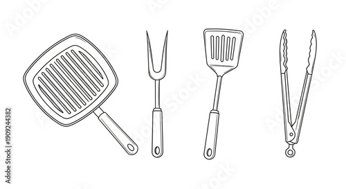 Grill Tools Set: Spatula, Tongs, Fork, and Grill Pan - Hand-Drawn Sketch