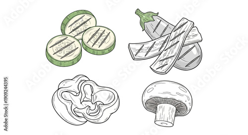 Grilled Vegetables Assortment: Zucchini, Eggplant, Bell Pepper, Mushroom - Healthy Food Illustration