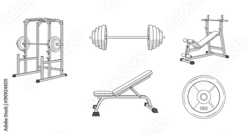 Gym Equipment Set: Barbell, Weight Plates, Benches, and Rack for Strength Training
