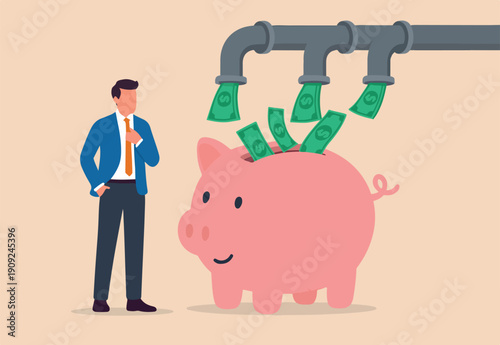 Multiple streams of income, passive income or revenue from invest in multi assets, side hustles to make money concept, rich businessman cash flow from pipe into wealthy piggy bank