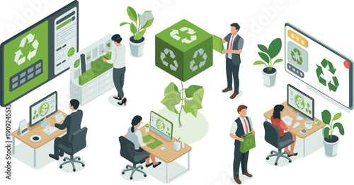 Isometric, green office, recycling workplace, sustainability teamwork, eco business, environmental responsibility, corporate recycling, modern eco workspace, illustration, collaboration