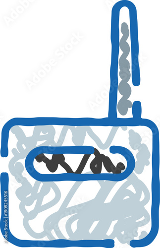 Retro radio doodle with antenna and wavy signal lines on white background, hand drawn sketch symbolizing vintage communication, broadcasting, audio and analogue technology