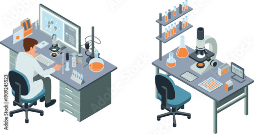 Isometric, laboratory, research, experiment, science, microscope, chemistry, analysis, biotechnology, testing, equipment, innovation, lab, medical, discovery, investigation, 