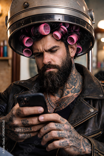 Rugged Bearded Man Scrolling on Phone Under Hair Dryer in Retro Salon