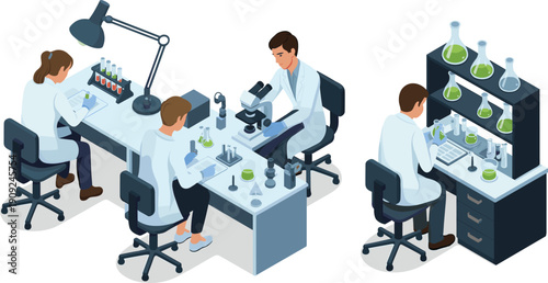 Isometric, laboratory, scientists, research, experiment, chemistry, analysis, microscope, teamwork, medical, science, testing, lab, equipment, innovation, healthcare,