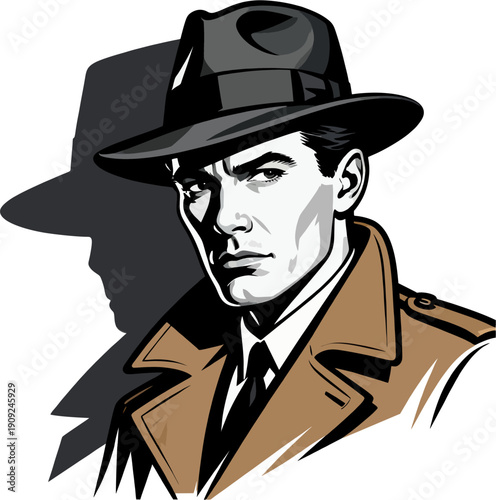 Noir Detective in Fedora and Trench Coat, Vintage Private Investigator Portrait Illustration with Shadow