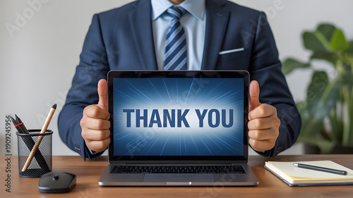 Businessman giving thumbs up with laptop displaying Thank You message concept for appreciation and gratitude in business.