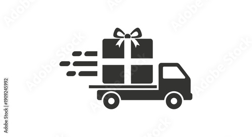 Simple graphic icon depicting a fast delivery truck transporting a large wrapped gift box with a prominent bow illustration