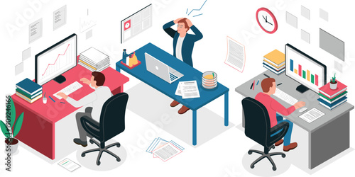 Isometric, office, busy, workflow, analytics, employees, productivity, stress, computers, reporting, business, tasks, management,