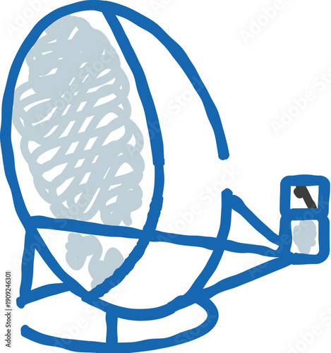 Satellite dish antenna doodle line art broadcasting signals and wireless connectivity, hand drawn icon symbolizing global communication, data transfer and digital networking