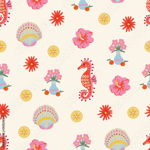 Tropical frame seamless pattern with palm pineapple seahorse flowers coastal summer illustration