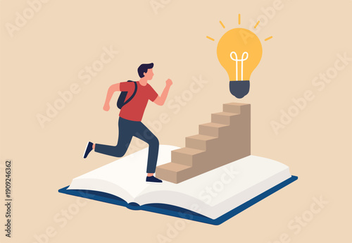 Effective learning new knowledge lead to success, wisdom or idea creativity, literature or inspiration, opportunity advice concept, young man running on opening book with stair up to lightbulb idea.