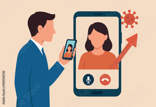 Video conference during COVID-19 Coronavirus outbreak, people using technology work at home remotely concept, man and woman teammate working remotelysmartphone or mobile phone for meeting