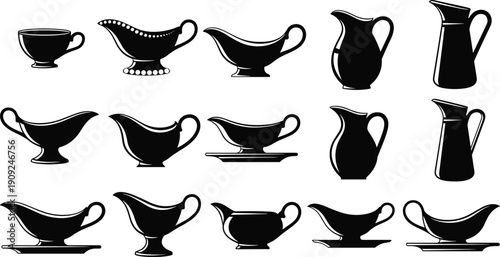 Gravy, Boat, Sauce, Jug, Pitcher, Silhouettes, Kitchenware, Tableware, Serving, Collection, Black, Isolated, Illustration, Dining, Utensil, Restaurant, Cookware, Set, Design, Pouring