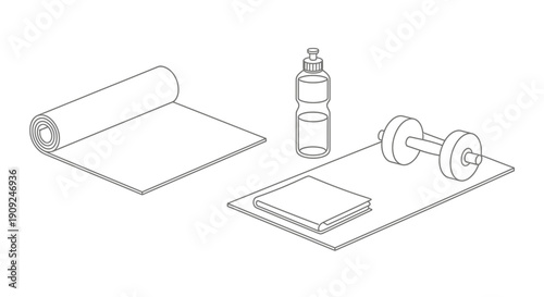Fitness Equipment Flat Lay: Dumbbell, Water Bottle, Yoga Mat, and Notebook