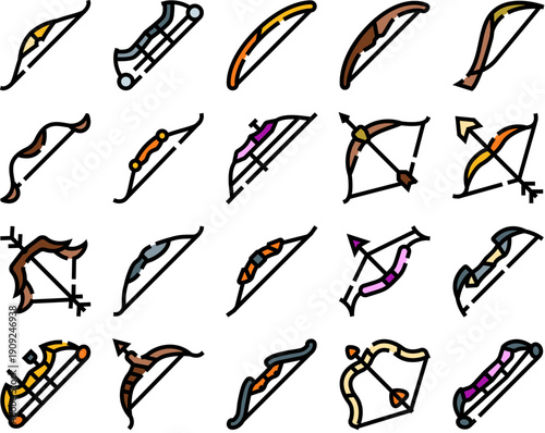 Archery bows and arrows showcase a variety of traditional and modern weapon styles and equipment for sport, hunting, medieval combat, target shooting, and recreational practice