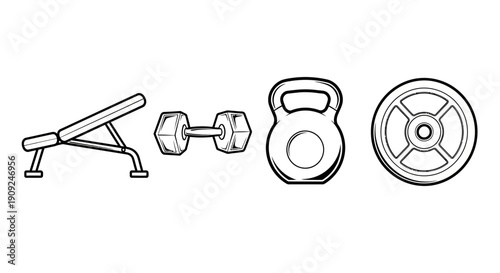 Fitness Equipment Icons: Dumbbell, Kettlebell, Weight Plate, and Bench
