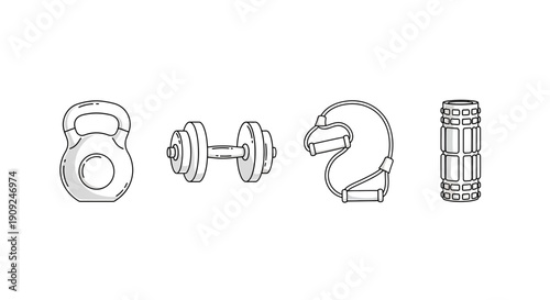 Fitness Equipment Icons: Kettlebell, Dumbbell, Resistance Band, Foam Roller