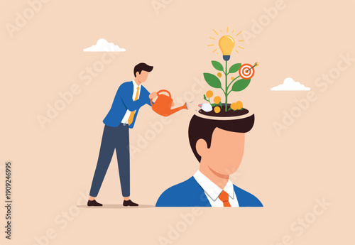 Self improvement, personal development or growth mindset, motivation to grow and achieve career success, learning new skill or knowledge concept, businessman plant growing from his self head