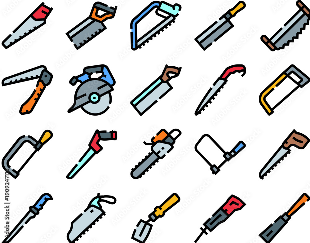 Fototapeta premium Saw tools, including hand saws, power saws, and utility blades, are arranged in a seamless pattern, illustrating various equipment for working with wood and other materials