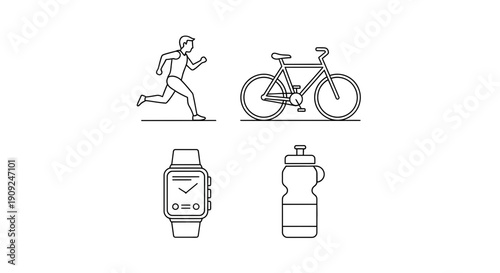 Fitness Icons: Runner, Bicycle, Smartwatch, Water Bottle - Healthy Lifestyle Set