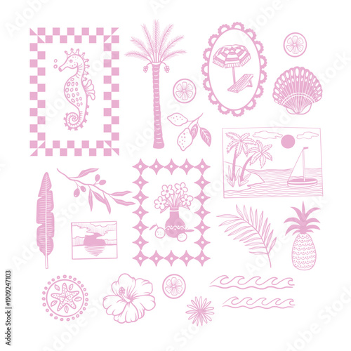 Tropical mediterranean elements with coastal frames botanical summer line art