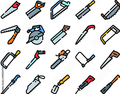 Saw tools, including hand saws, power saws, and utility blades, are arranged in a seamless pattern, illustrating various equipment for working with wood and other materials