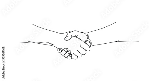 Abstract minimalist single line drawing of two hands shaking in a symbol of agreement partnership trust and successful business collaboration