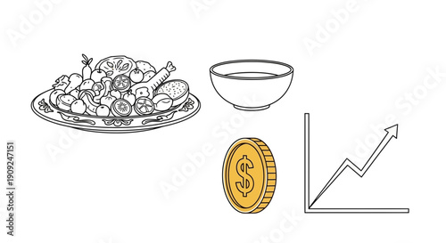 Food costs rising, economic growth chart, money symbol, and meal platter