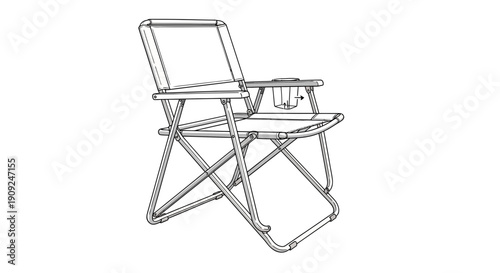 Folding Camp Chair with Cup Holder - Line Drawing Illustration