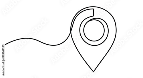 Minimalist single line drawing of a location pin icon representing navigation destination and pinpointing a place on a map