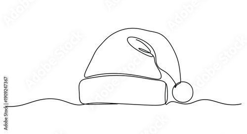 Minimalist single line drawing of a santa claus hat with a fluffy pom pom on a white background representing christmas and holiday celebrations