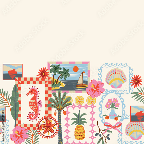 Tropical frame border with palm pineapple seahorse flowers coastal summer illustration