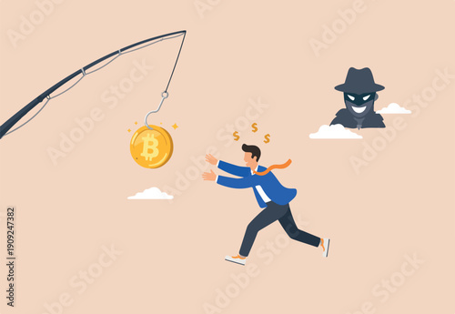 Crypto scams or fraud, liar create ICO initial coin offering to baiting greed investors or trader concept, greedy businessman running to grab bating cryptocurrency coin scam.