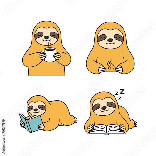 Cute cartoon sloth characters relaxing and reading in various poses with copy space