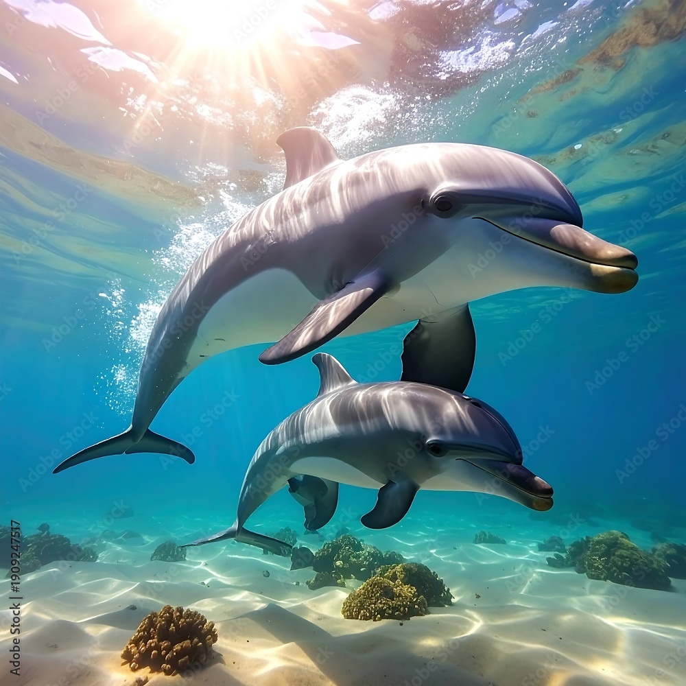 Fototapeta premium Two dolphins swimming underwater near ocean floor