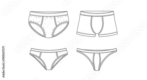 Fashion flat sketches of men's and women's underwear: briefs, boxers, bikini, thong