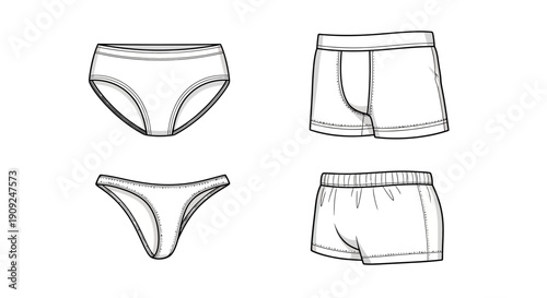 Fashion Flat Sketch: Womens Briefs, Thong, Mens Boxer Briefs, Boxer Shorts - Underwear Design Templates