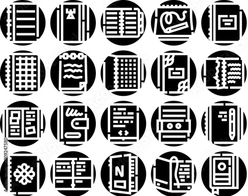 Collection of various notebook, journal, diary, and planner glyph icons for writing, studying, planning, and organizing information, representing different paper styles and binding types